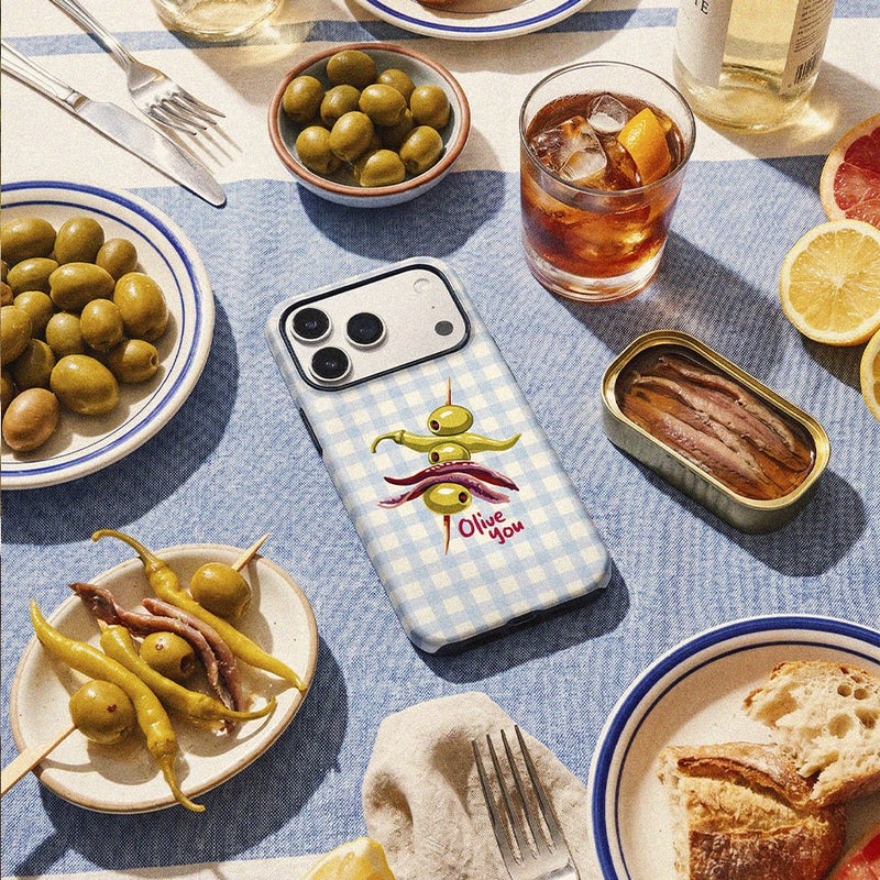 Funda Tough Blue Picnic – Vista trasera diseño completo azul cuadros
