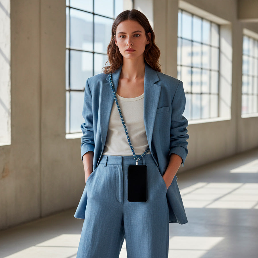 Colgante cadena denim completo — cordón vaquero para llevar el móvil al cuello
