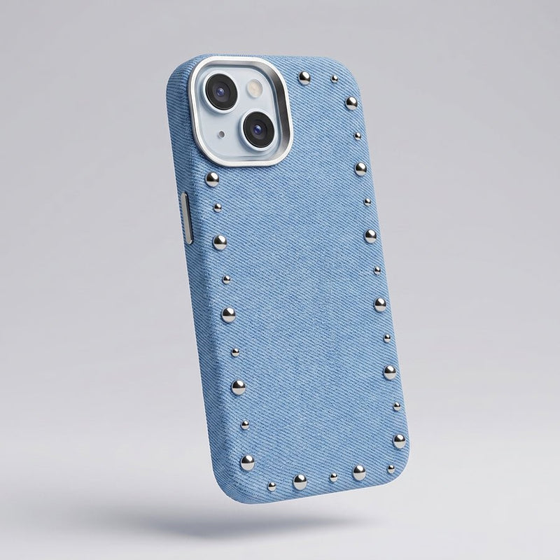 Funda Denim MagBattery para iPhone 14 Plus — vista trasera con cierre magnético
