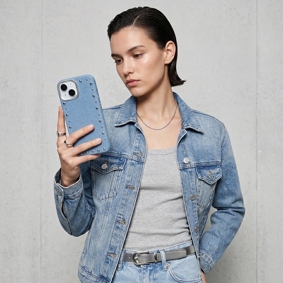Funda Denim MagBattery para iPhone 14 Plus — perfil lateral y protección
