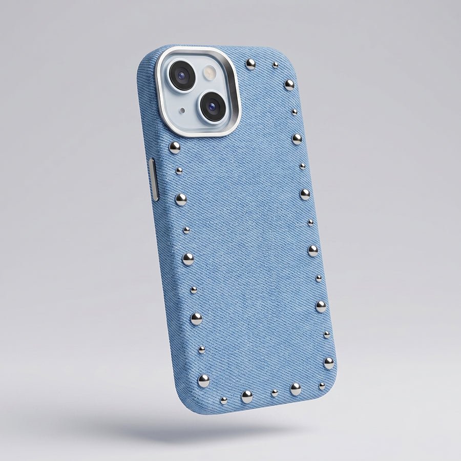 Funda Denim MagBattery para iPhone 15 Plus — vista trasera con cierre magnético
