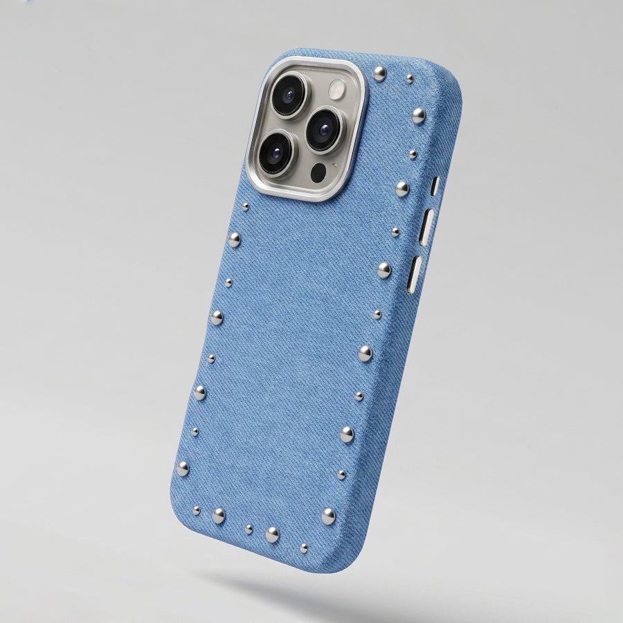 Funda Denim MagBattery para iPhone 13 Pro — vista trasera con cierre magnético
