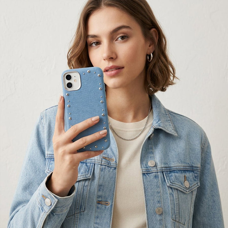 Detalle del acabado vaquero de la funda Denim MagBattery para iPhone 11

