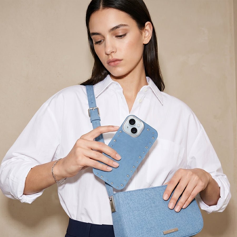Detalle del acabado vaquero de la funda Denim MagBattery para iPhone 14
