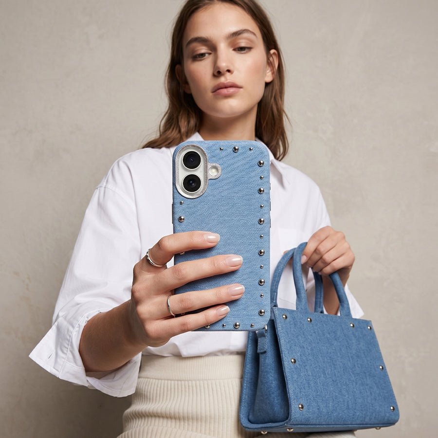 Detalle del acabado vaquero de la funda Denim MagBattery para iPhone 17
