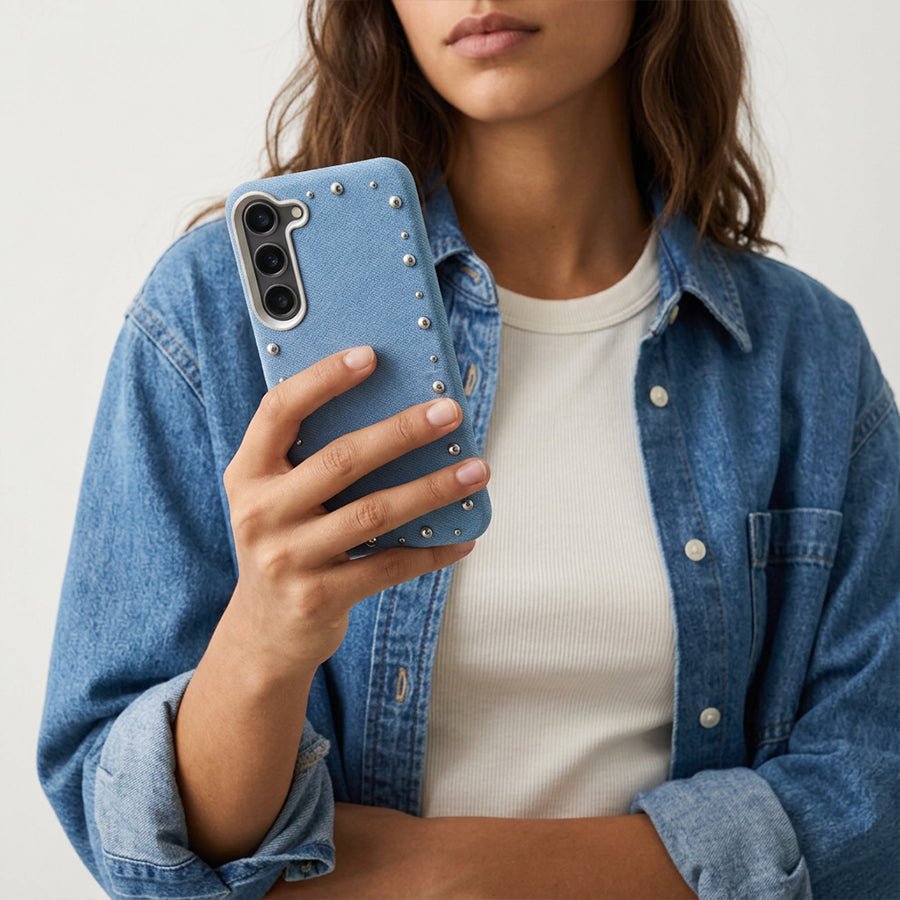 Detalle del acabado vaquero de la funda Denim MagBattery para Samsung Galaxy S23
