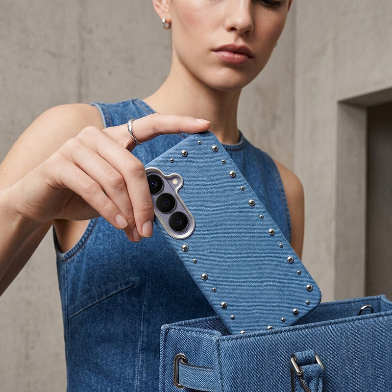 Detalle del acabado vaquero de la funda Denim MagBattery para Samsung Galaxy S26 Plus
