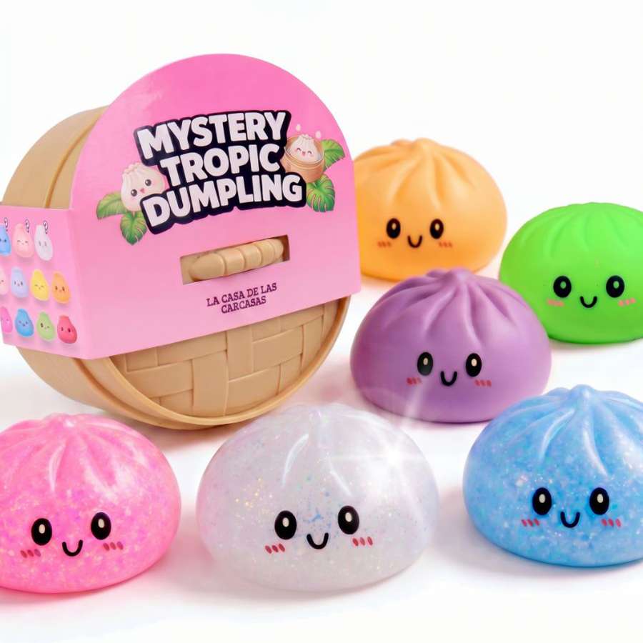 Dumpling squishy mystery tropic con purpurina vista frontal
