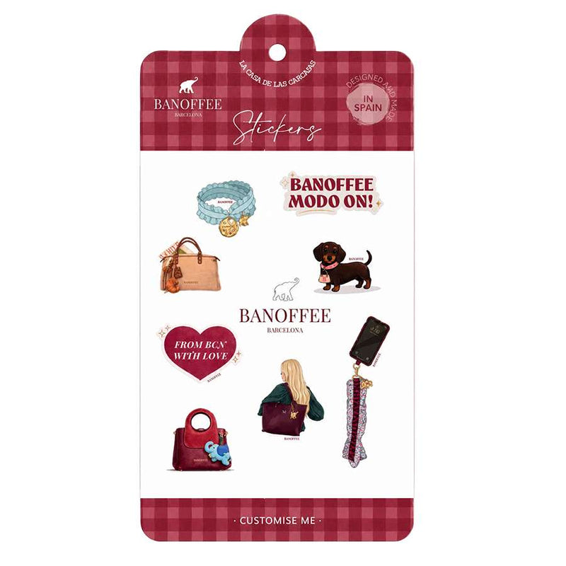 Pack de stickers oficiales Banoffee BCN con ilustraciones de perros y diseños de moda
