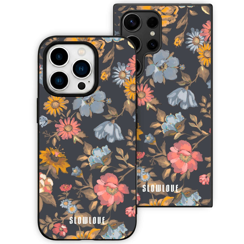 Funda Glass Slowlove Floral Dark con estampado floral sobre fondo oscuro en cristal templado - Vista frontal
